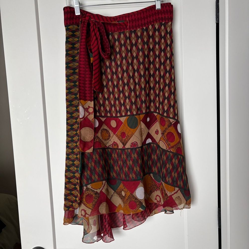 Printed Tie-Waist Midi Skirt in Burgundy and Mustard - Artsy 90s Adjustable